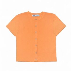 Zara Orange Ribbed Knit Top with Jewel Buttons - size medium